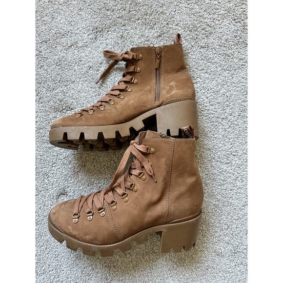 Revolve Schutz Xayane Lace Up Heeled Leather Combat Lug Boots Sz 9.5 Hazel Tan - Picture 3 of 12